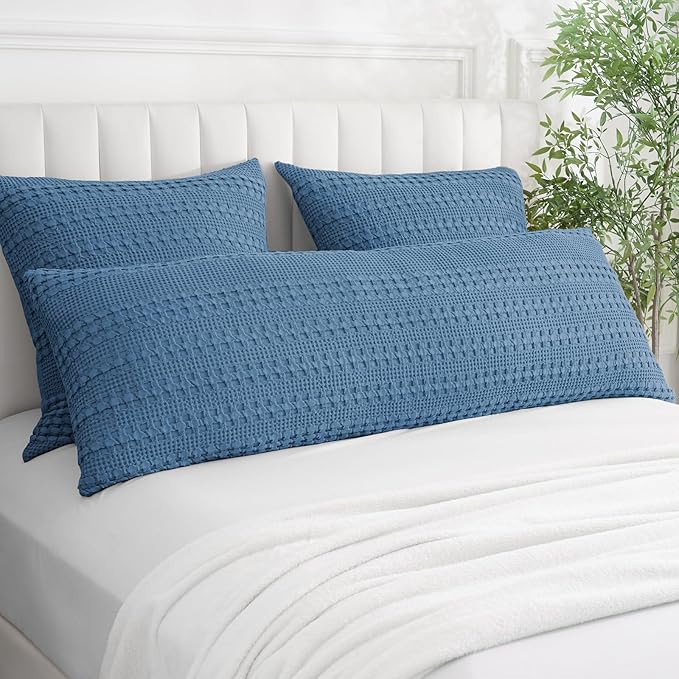 PHF 100% Cotton Waffle Body Pillowcase with Zipper, 1 Pack 20" x 54" Soft Skin-Friendly Pillow Sham, No Filling, Aesthetic Woven and Breathable Waffle Weave Body Pillow Cover for Bed, Denim Blue