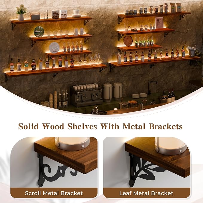 60 Inch 2 Tier Solid Wood Floating Shelves with LED Light, Metal Brackets | 60 inch solid pine shelves, 2 tier, warm LED light, walnut finish, metal brackets for books and decor