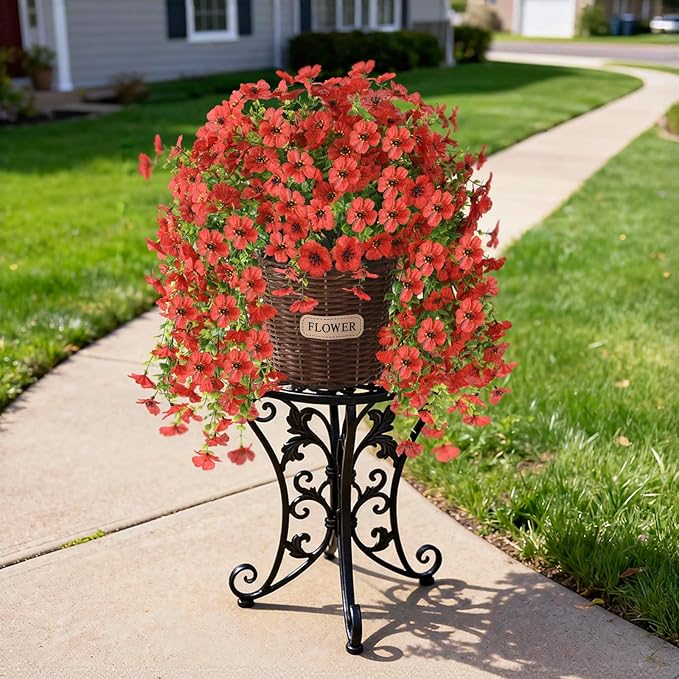 Artificial Flowers Hanging Baskets, 4 Bundles Outdoor Hanging Basket Spring Summer Decoration, No Fade Realistic Fake Flowers Plants for Porch Patio Balcony Home Yard Decor(Red)