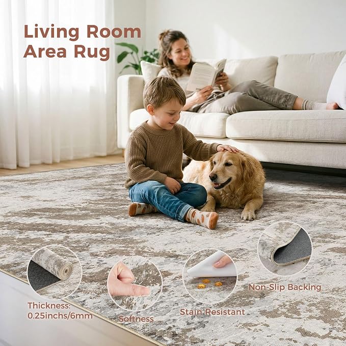 DMOYEST 10x12 Washable Area Rug: Abstract Modern Non-Slip Carpet, Soft Low Pile Indoor Neutral Easy Clean Floor Rugs for Living Room Bedroom Dining Room Kids & Pets - Brown