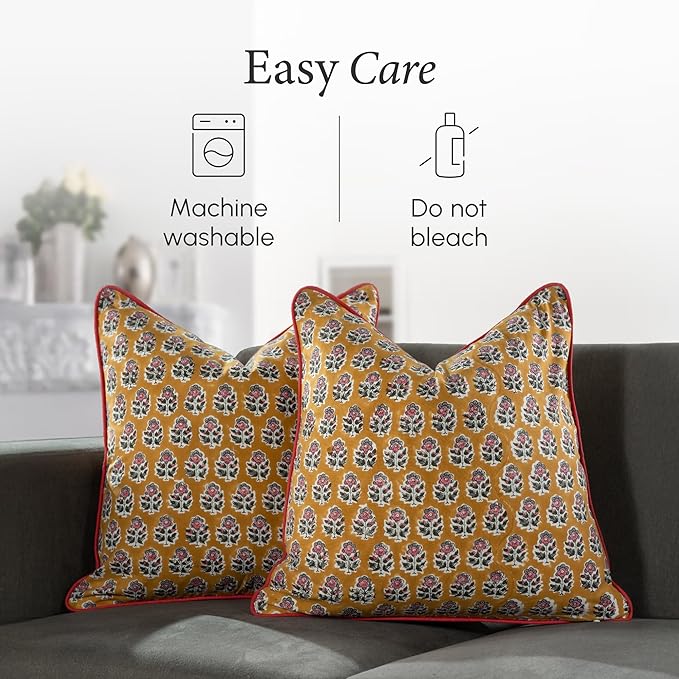 CPC 100% Cotton Throw Pillow Covers 16X16 Yellow Block Print Pattern Couch Pillow, Cute Boho Decorative Pillows for Living Room, Bedroom with Hidden Zipper- Yellow Citrine