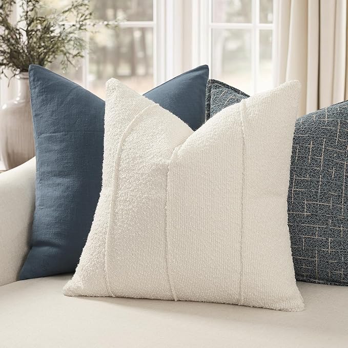 YCOLL Textured Boucle Throw Pillow Covers 22x22 Pack of 2 - Soft Neutral Striped Cushion Covers, Cozy Accent Decorative Pillow Covers for Couch, Sofa, Bed, Living Room (Ivory)