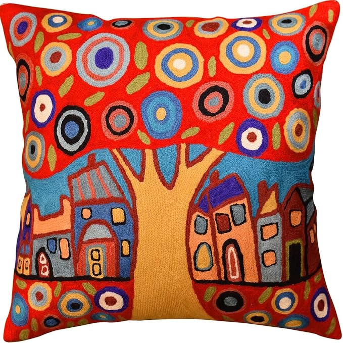 Red Tree of Life Throw Pillow Cover Karla Gerard Floral Tree Pillowcase Flower Chair Cushion Mid Century Couch Pillowsham Red Farmhouse Cushions Hand Embroidered Wool 18x18 Inch