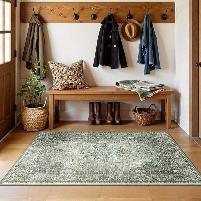 RELEANY Area Rugs 3'x5' Washable Non-Slip, Floral Vintage Distress Print Pattern Medallion Carpet for Living Room Bedroom Dining Room, Dark Green Gray