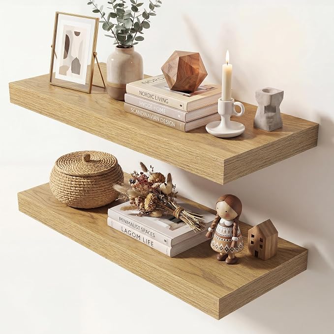 Dreamland 24 Inches Floating Shelves for Wall,9.3" Deep Long Floating Shelves Set of 2,Large Display & Storage Shelf,Wall Shelf for Bathroom Bedroom Living Room Kitchen Office,Oak