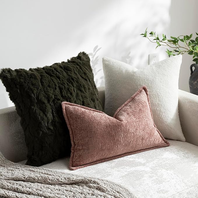 DEZENE Pack of 2 Pink Decorative Throw Pillow Covers 12x20 Cozy Soft Chenille Boho Accent Vintage Farmhouse Rectangular Lumbar Couch Pillow Covers for Home Decor Bed Sofa Living Room