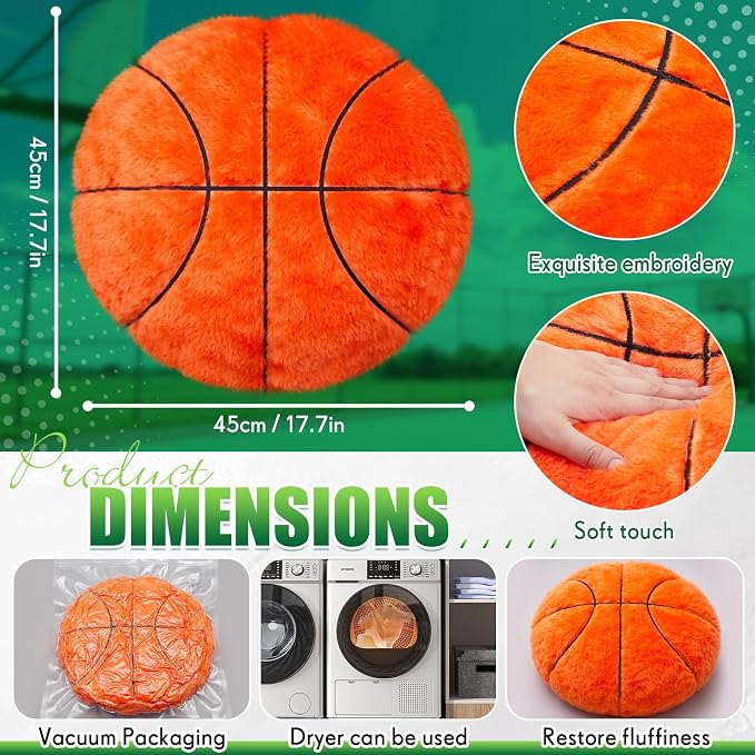 Juexica 18 Inch Basketball Pillow for Boys Room, Soft Plush Basketball Decorative Pillow, Sports Theme Bedroom Decor for Kids Playroom Sofa Bed