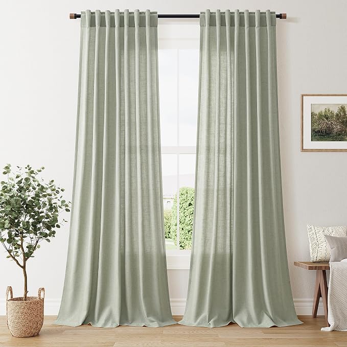 Nanspring Extra Long Linen Curtains Sage 108 Inch Length for Living Room 2 Panels Set Back Tab Neutral Privacy Drapes Semi Sheer 8 FT Tall for Bedroom Boho Floor to Ceiling Sage Green W50 x L108