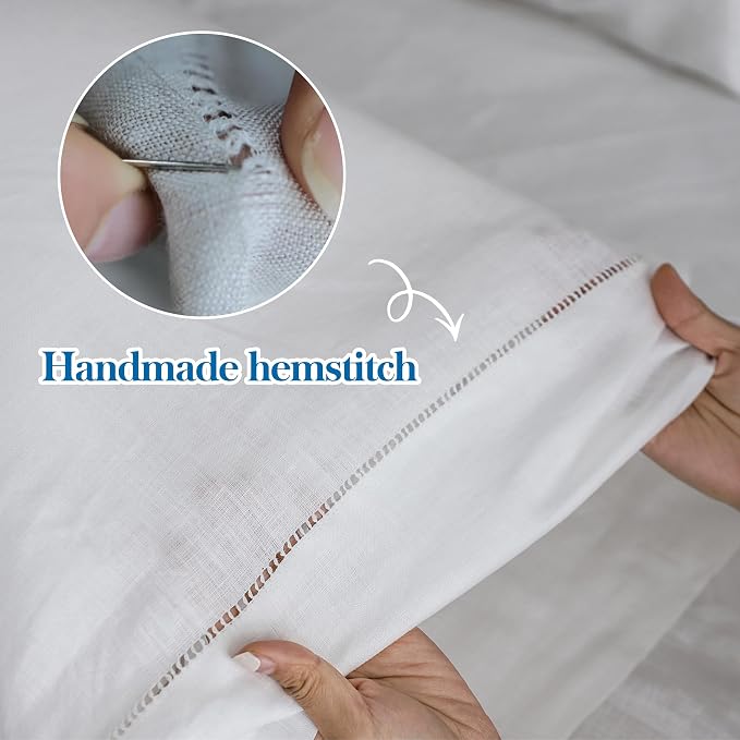 Simple&Opulence 100% Linen Pillowcase with Hand Drawing Hemstitch Pillow Cover Queen Size Set of 2 Soft and Durable (White, 20''x30'')