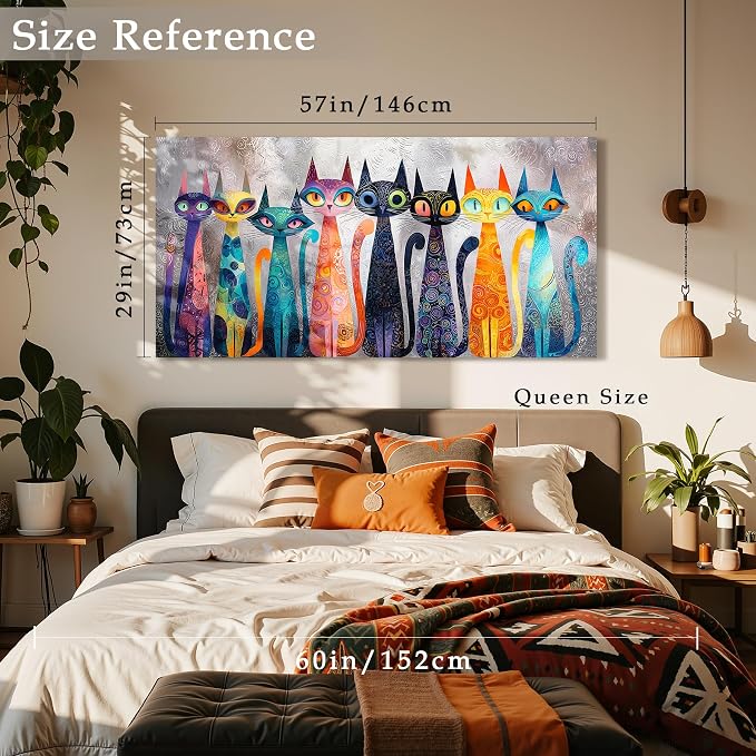 imjiayu Colorful Abstract Cat Wall Art, Boho Whimsical Kitten Canvas Print, Kitty Pictures Decor for Cat Lovers, Cute Modern Cat Wall Decor for Living Room Bedroom Kids Room, 29"x57" Ready to Hang