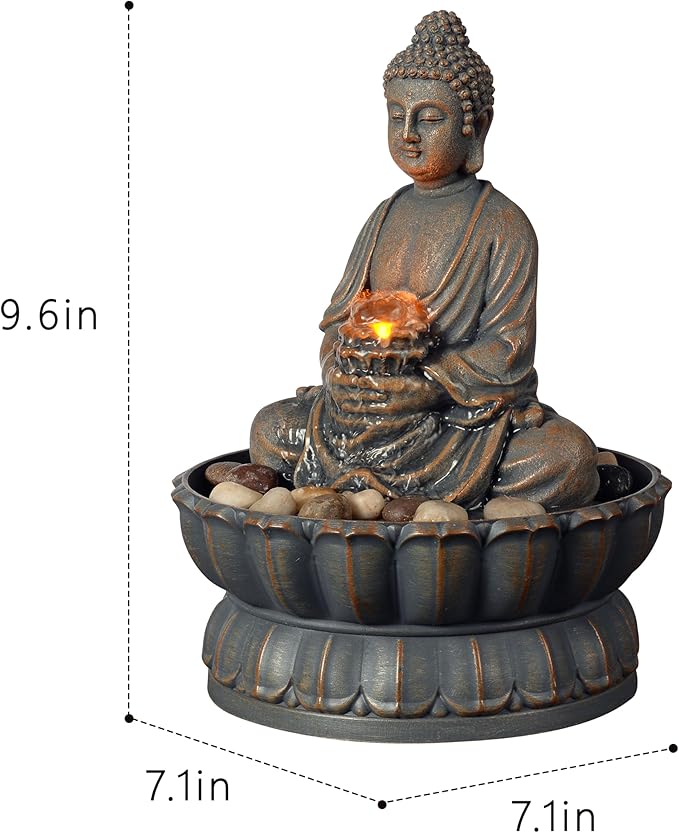 Kalona Home Décor 9.6" Tabletop Fountain Exquisite Smile Sitting Buddha Fountains Desk Water Fountain Decorative Zen Fountain w/Reflective Lighting/Cobblestone Office and Home Decor(21125A)