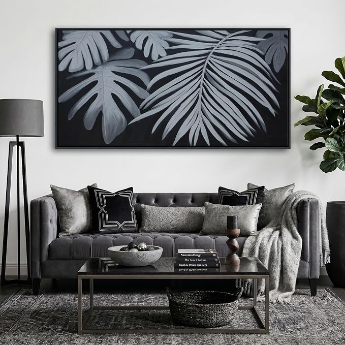Large Black and White Botanical Wall Art - Modern Abstract Canvas Plant Pictures for Living Room, Framed Minimalist Artwork, Neutral Nature Wall Paintings for Bedroom Decor 20×40In