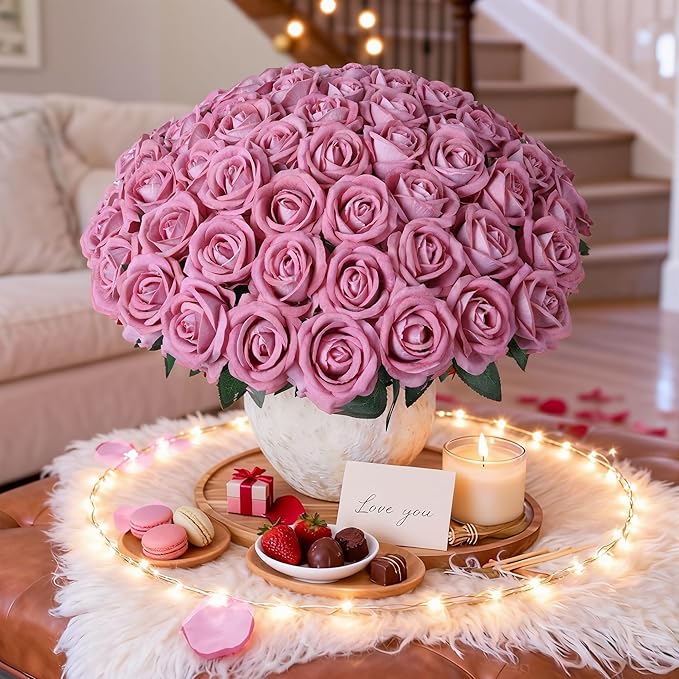 50 PCS Dusty Roses Artificial Flowers, Fake Roses with Stem Realistic Silk Roses for DIY Wedding Bouquets Tables Centerpieces Arrangements Baby Shower Birthday Home Decor Valentine's Day Gift for Her