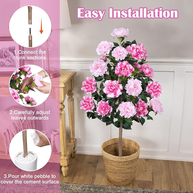 2 Pack 4FT Artificial Peony Tree, Fake Pink Trees for Outdoors Decor | 21 Blooming Peonies Flowers, Artificial Flowering Trees, For Front Door Porch Patio Living Room Office Indoor Outdoor Decor