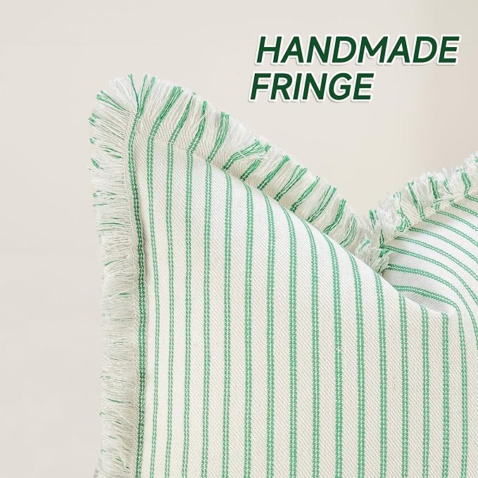 ZWJD Throw Pillow Covers 12x20 Set of 2 Green Striped Pillow Covers with Fringe Chic Cotton Decorative Pillows Square Cushion Covers for Sofa Couch Bed Living Room Farmhouse Spring Decor