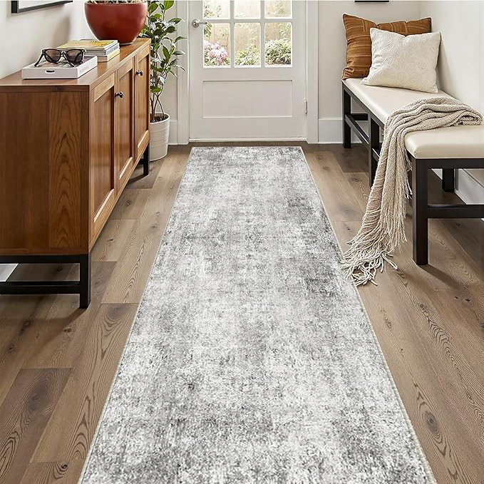 RELEANY Washable Area Rugs 2'x10' Non-Slip Modern Abstract Soft for Living Room Entryway Bedroom Nursery, Print Pattern, Gray White Grey