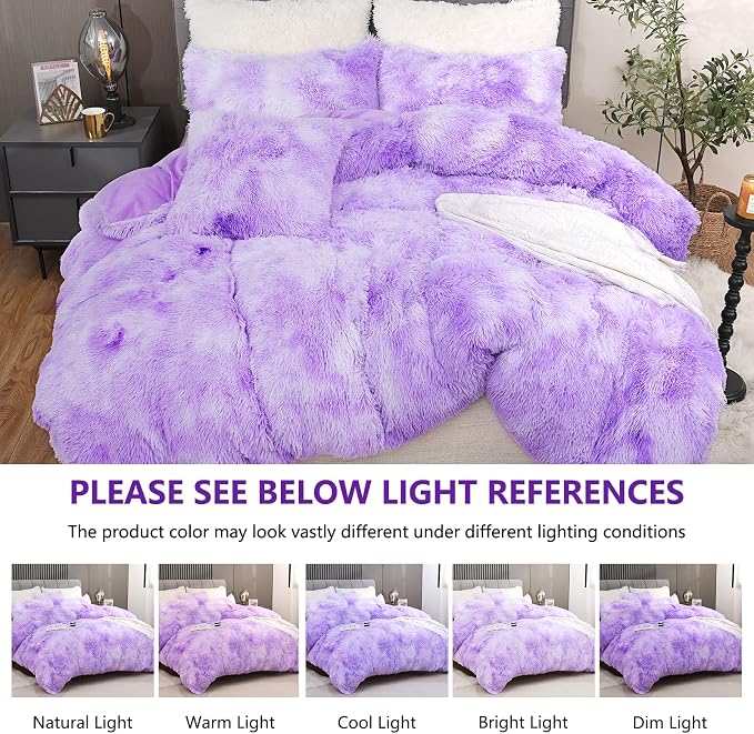 Fluffy Plush Purple Duvet Cover Set King Size, Luxury Ultra Soft Velvet Fuzzy Comforter Cover Bed Sets 4Pcs(1 Faux Fur Duvet Cover + 2 Pillow Cases + 1 Pillow Cover) Zipper Closure (King, Purple)
