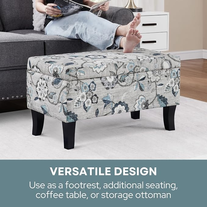 Convenience Concepts Designs4Comfort Winslow Storage Ottoman Bench 32" - Transitional Upholstered Footstool & Seat, for Living Room, Entryway, Hallway, & Bedroom, Gray Flora Fabric