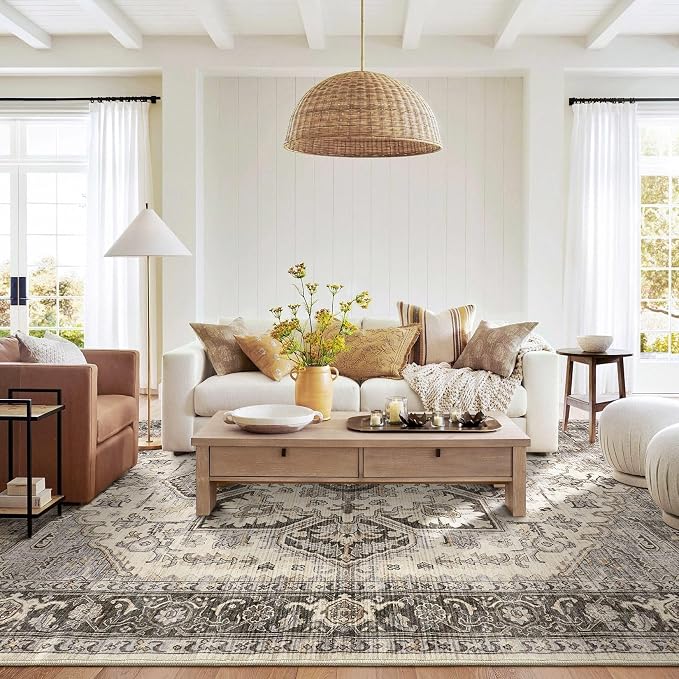 9x13 Area Rugs for Living Room - Large Carpet Ultra Thin Soft Washable Oriental Vintage Floral Distressed Rug Big Indoor Carpets for Bedroom Nursery Dorm Home Decor Aesthetic - Grey Brown