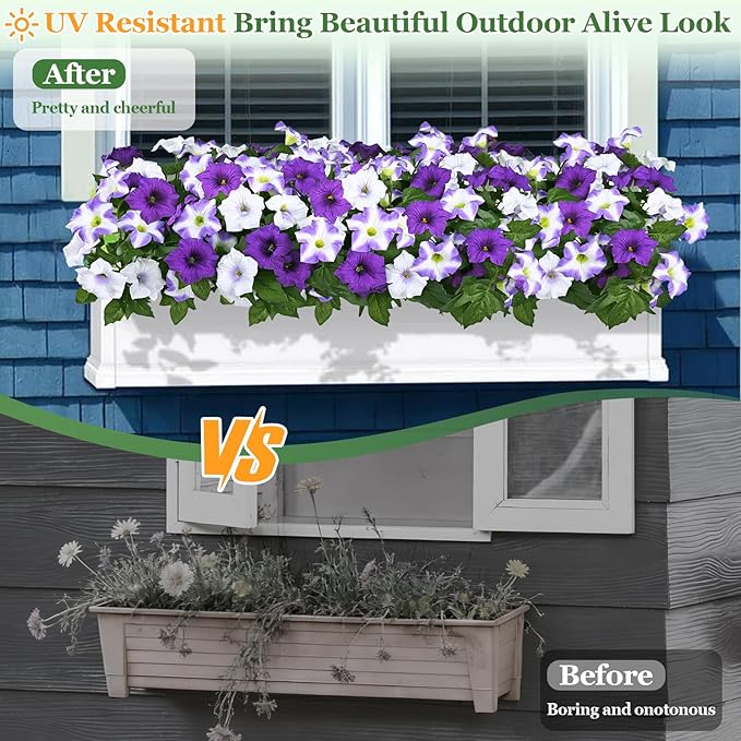 MARTINE MALL Artificial Flowers for Outdoors, 4 Bundles Realistic Fake Outdoor Flowers, UV Resistant Silk Petunia Flower for Outside Look Real Faux Flower Plants for Outdoor Porch Decor, Purple White