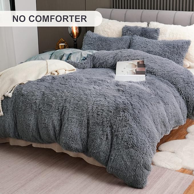 Fluffy Plush Duvet Cover Set , Luxury Ultra Soft Velvet Fuzzy Comforter Cover Bed Sets 4Pcs(1 Faux Fur Duvet Cover + 2 Pillow Cases + 1 Cover) Zipper Closure (Queen, Dark Gray)