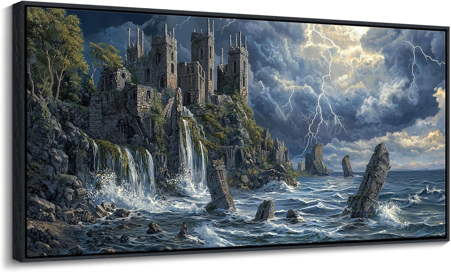 QZQCBLC Canvas Wall Art Framed, Medieval Style Vicissitudes Castle Wall Pictures for Living Room Bedroom Kitchen Bathroom Office Ocean Cliff Lightning Landscape Paintings Home Decor 20"X40"