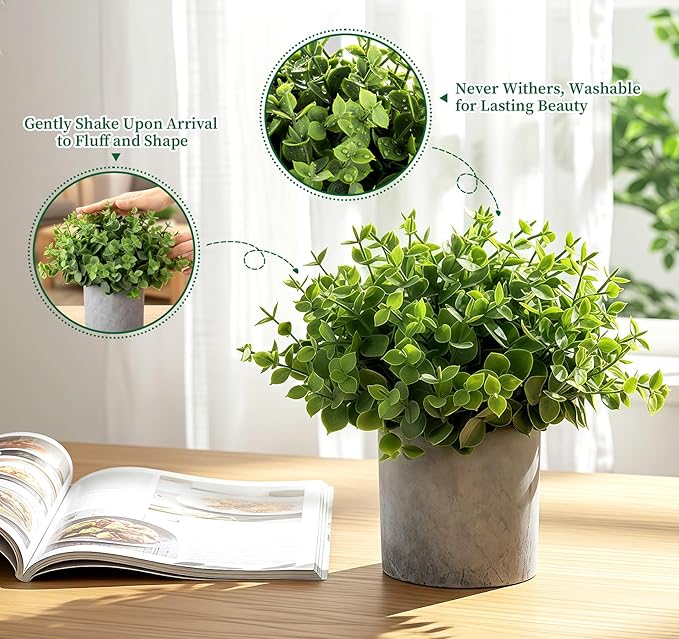 Lemonfilter Small Fake Plants, 5 Pack Mini Potted Artificial Eucalyptus Plant Greenery Plastic Fake Plants Faux Plant for Table Shelve Bathroom Kitchen Rustic Farmhouse Indoor Decor
