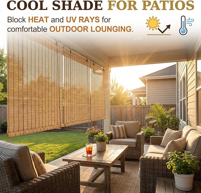 Glimer Bamboo Blinds for Interior Windows, Natural Roll Up Bamboo Shades for Indoor Windows & Outdoor Patio, Light Filtering Bamboo Window Shades for Living Room, Porch, Balcony, Easy to Install