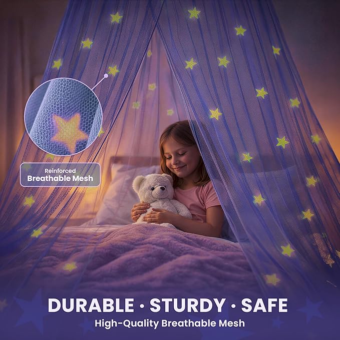 Bollepo Blue Canopy Bed, Blue Bed Canopy with Glow in The Dark Stars for Girls, Boys, Kids and Babies, Net Use to Cover The Baby, Kid, Girls Or Full Size Bed, Fire Retardant Fabric
