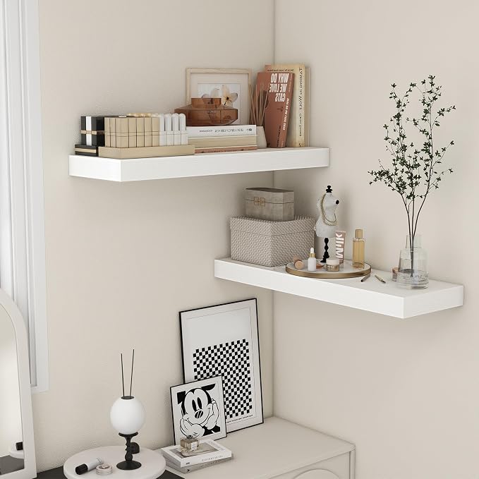 FLYJOE 36'' White Floating Shelves Set of 2, 12 Inch Deep Wood Shelves for Wall, 36 Inch White Shelves for Books, Toiletries, Kitchen Utensils, Laundry, 45Lbs, Hardware Included