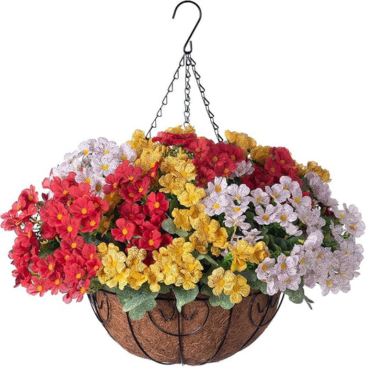 Artificial Fake Hanging Plants Flowers Basket for Spring Outdoor Decoration, Faux Silk Daisy UV Resistant Look Real with Eucalyptus Leaves Summer Decor for Home Patio Garden Outside(Red White Yellow)