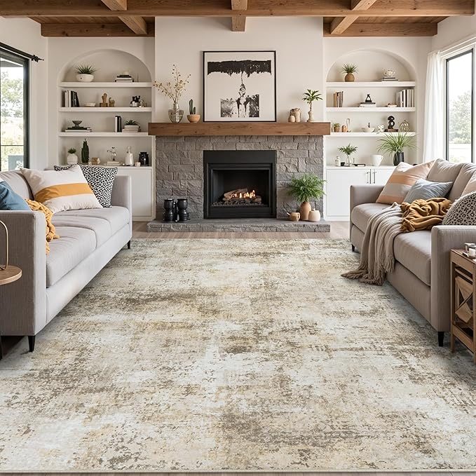 9x12 Area Rugs Living Room Rugs: Large Washable Rug with Anti-Slip Backing Non-Shedding Stain-Resistant Soft Abstract Carpet for Bedroom Dining Room Nursery Hallway Indoor Home Office Beige Grey