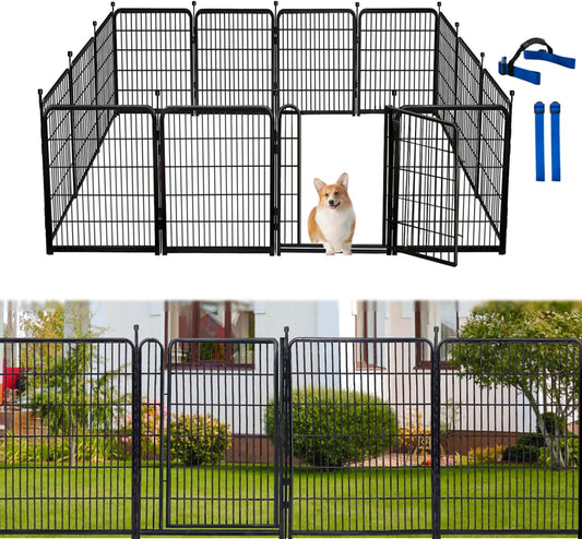 32 in(H) Dog Fence Outdoor For Yard, 21 in Wide Low Threshold Gate, 12 Panels Total 26.6 Ft(L) Fencing For Garden Beds, Animal Barrier Fence, Dog Pen Indoor or Outdoor,Landscape Fence Border