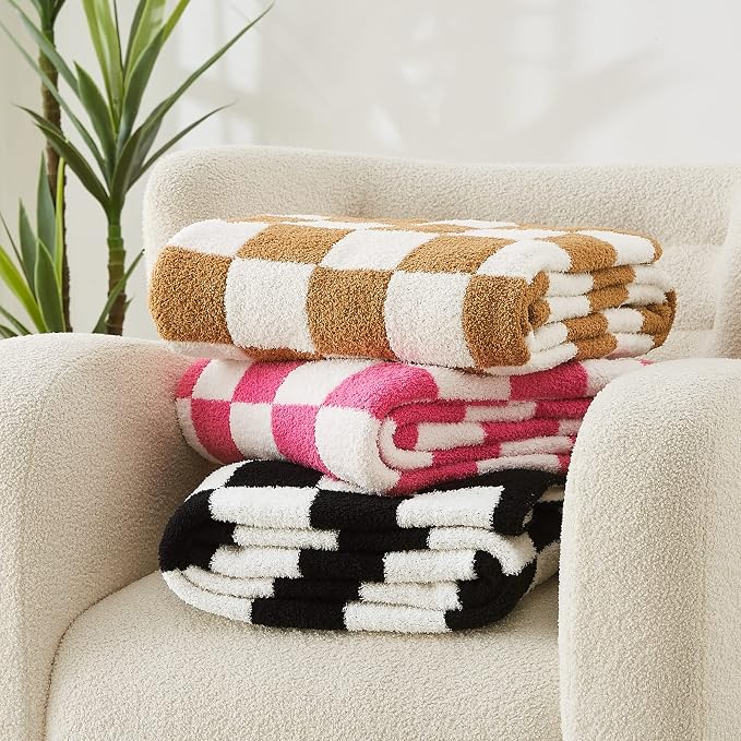 WRENSONGE Soft Twin Size Checkered Blanket for Bed-Cozy Knitted Blankets | Lightweight Fluffy Warm Decor for Women, Mom, Her & Girls, Sofa, Chair, Couch, 60x80in,Burnt Orange