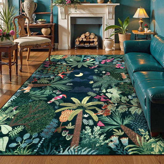 LIVEBOX Washable Bedroom Rug 8x10 Under Bed, Modern Stain Resistant Dark Green Botanical Rug for Living Room Playroom Kids Boy Room, Non-Slip Jungle Forest Print Rugs for Nursery Baby