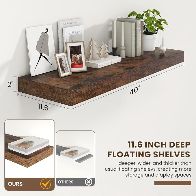 FLYJOE Deep Floating Shelves | 40 Inch Floating Shelves Set of 2 | 12 Inch Deep Brown Wood Wall Shelves | 40" W x 12" D Rustic Brown Shelves for Bathroom Living Room Kitchen Laundry Room