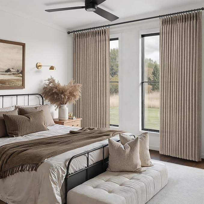 Extra Long 108 Inch Natural Linen Living Room Curtains 2 Panel Sets, Dark Flax Memory Trained Pleated Light Filtering Semi Sheer Rustic Curtain for Bedroom Privacy Tall Drapes Back Tab Windows Burg