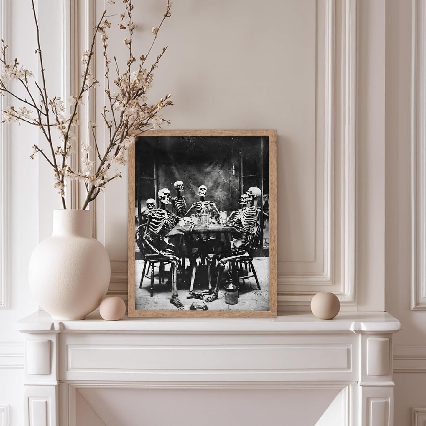 Poster Master Vintage Photograph Poster - Retro Daguerreotype Print - Gift for Artist, Friend - Skeletons Smoking at Table, Dinner Party, Goth - Wall Decor for Home, Dorm, 8x10 Beige Framed