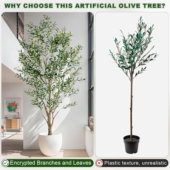 8FT Artificial Olive Tree with Realistic Leaves & Natural Trunk, Faux Silk Olive Plant in White Planter, Tall Fake Tree for Modern Home Office Living Room Entryway Corner Decor, Maintenance Free