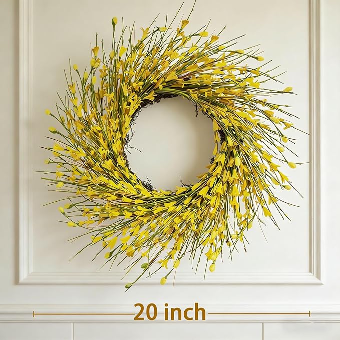 Bibelot 20inch Artificial Forsythia Flower Wreath, All Year Around Wreath for Front Door, Wedding Window Home Wall Indoor Front Door Decor (Yellow, 20in)