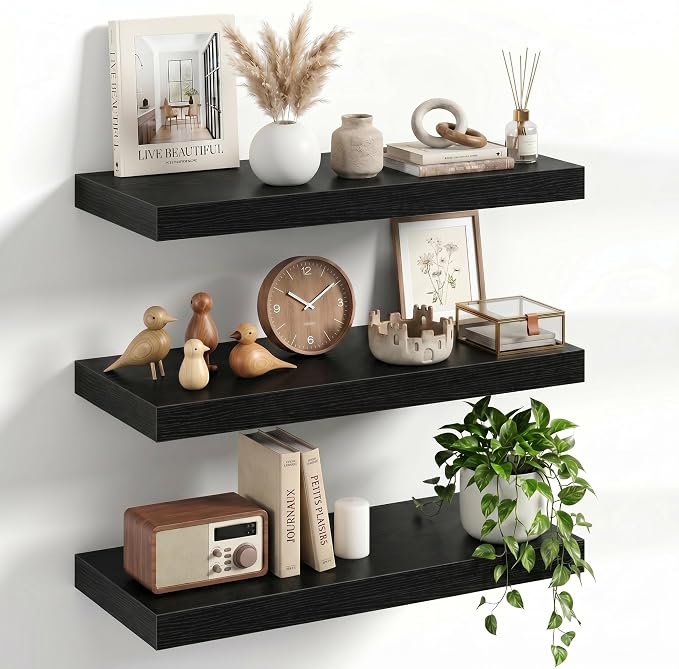 20" Floating Shelves for Wall, Set of 3, 8" Deep, 1.5" Thick, Black | Rustic Wood Wall Shelves with Invisible Brackets, Storage and Display for Bathroom, Bedroom, Living Room or Kitchen