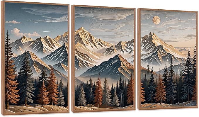 LHIUEM Vintage Landscape Wall Art,Large Wood Wall Art,Carved Wood Wall Decor,Earthy Landscape Canvas Art Prints,Big Snow Mountain Sunrise piciures,Birch Tree Painting for Home Office -24"x36"x3