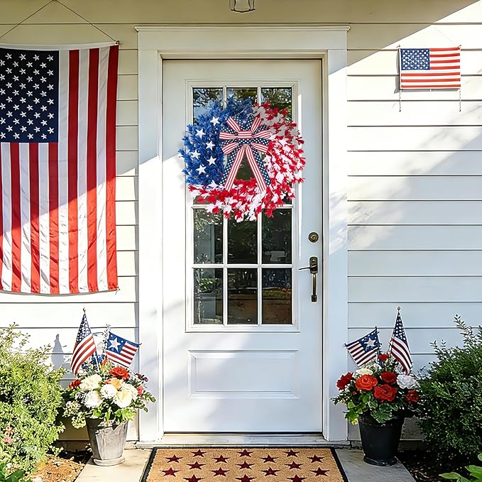 22 inch Patriotic Wreath, 4th of July Wreaths for Front Door, Red White Blue Anniversary Independence Day Memorial Day Wreath Indoor Outdoor Decor