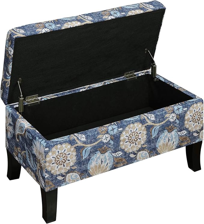 Convenience Concepts Designs4Comfort Winslow Storage Ottoman Bench 32" - Transitional Upholstered Footstool & Seat, for Living Room, Entryway, Hallway, & Bedroom, Indigo Flora Fabric