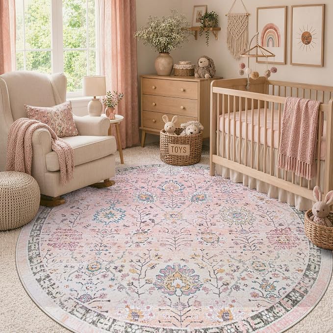 Lahome Girls Bedroom Pink Round Rug 6ft, Soft Washable Floral Circle Rug with Non Slip Backing, Light Pink Area Rug for Kids Room, Nursery, Reading Corner and Playroom