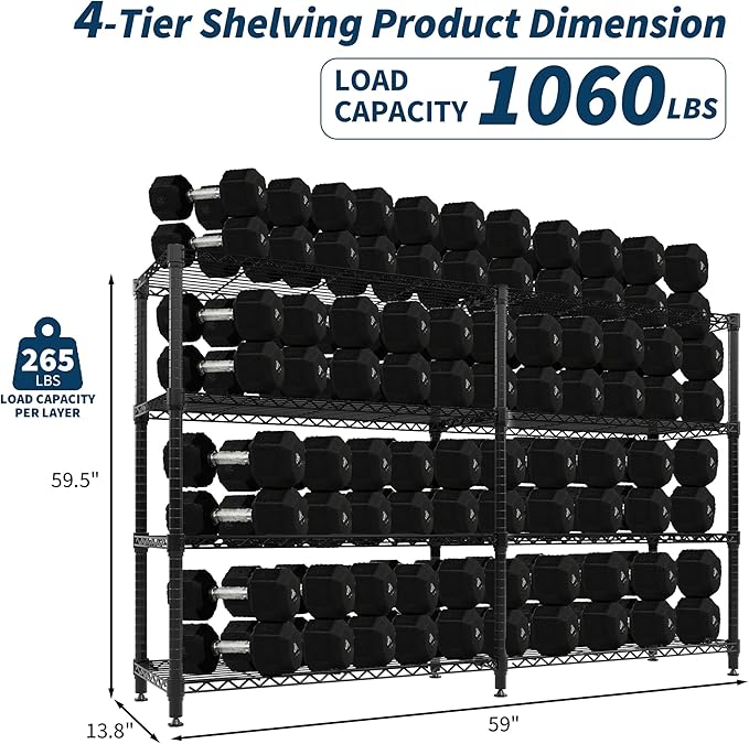 Garvee Storage Shelves 60" W Heavy Duty Metal Shelving Unit, 4-Tier Wire Rack Shelving for Kitchen Garage Storage, Load 1060LBS, Adjustable Wire Shelf for Pantry Room Basement, 13.8" Dx59.5 H, Black
