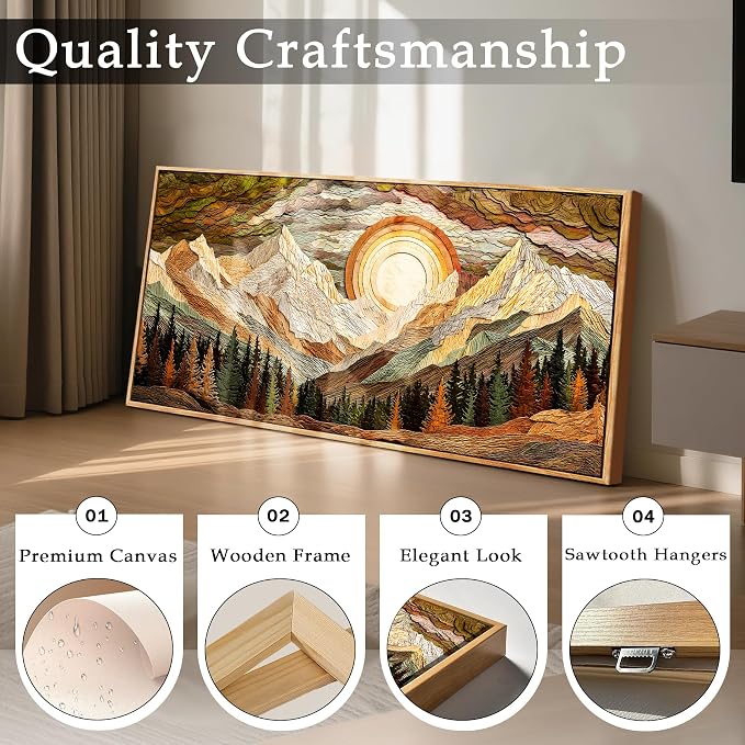 imjiayu Extra Large Framed Mountain Wall Art, Boho Art Wall Decor, Layered Wood Effect Sunset Forest Landscape Canvas Print, Rustic Nature Wilderness Wall Decor for Living Room Bedroom Office, 29"x57"