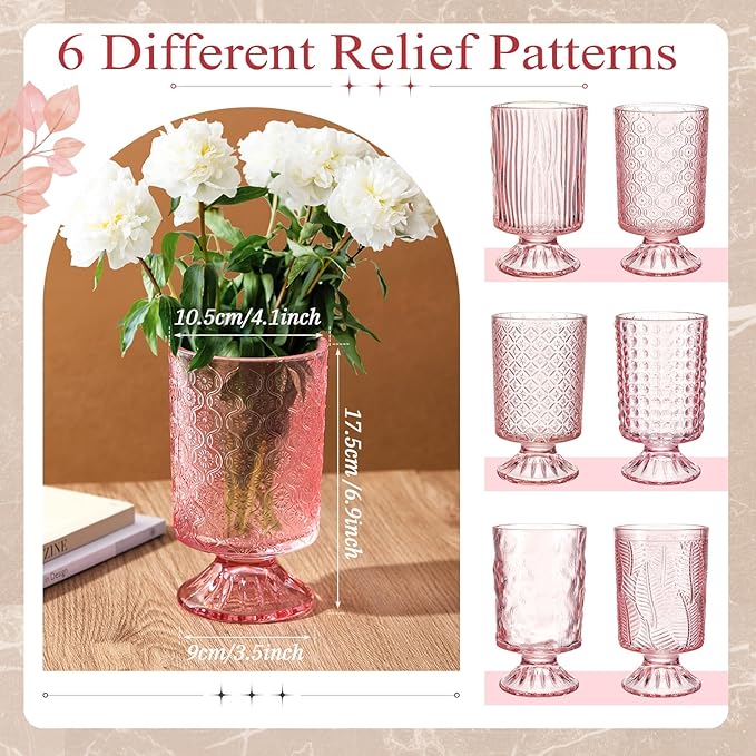 6 Pcs (H: 7" W: 4") Embossed Flower Vase Pedestal Glass Vase Big Base Thickened Crystal Vintage Vases for Wedding Party Home Decor Table Centerpiece House Warming Gifts (Pink,Classic)
