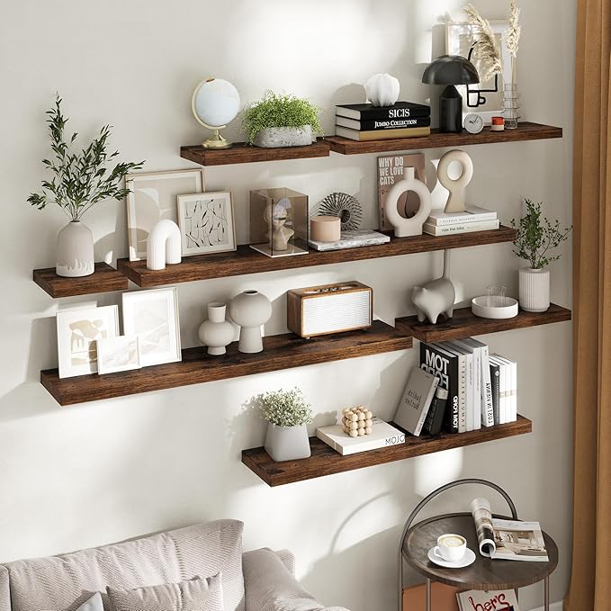 8 Inch Square Floating Shelves for Wall 3 Pack, 8"D Wood Grain Bathroom Shelves with Invisible Brackets, Easy Install Engineered Wood Storage Shelves for Kitchen, Living Room, Rustic Brown Finish