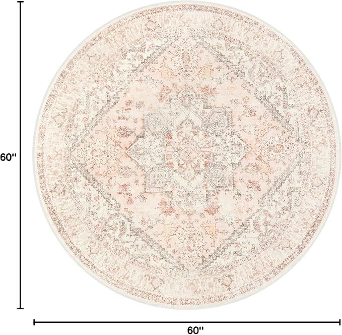 LIVEBOX Washable Peachy Pink Rug 5ft - Medallion Vintage Circle Rugs for Bedroom, Low-Pile Tribal Print Carpet for Nursery, Non-Slid Distress Floral Circular Rug for Living Room Kid's Room Entryway